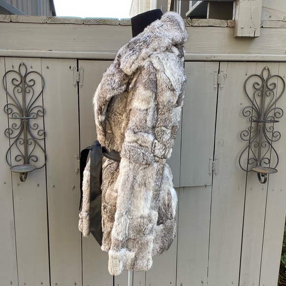 Vintage 70s 80s Rabbit Fur Belted Bomber Coat Jacket - Picture 5 of 8